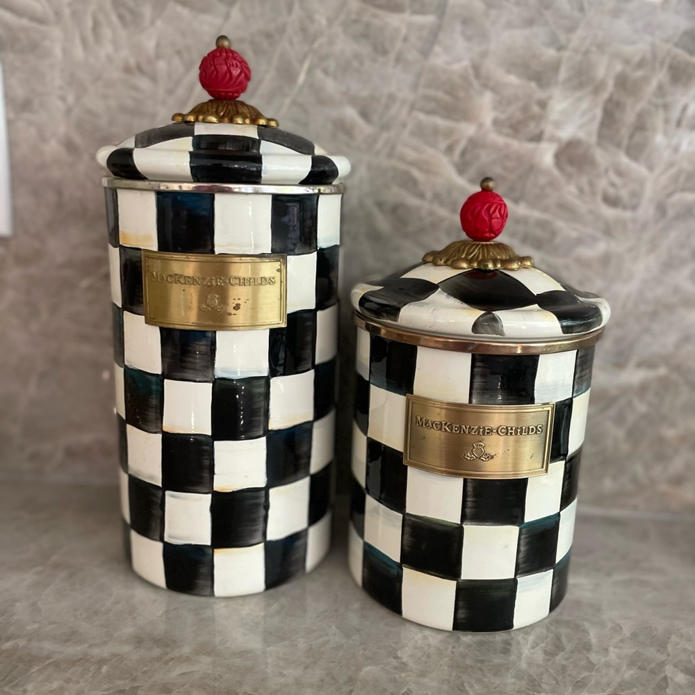 MacKenzie-Childs Black and White Checkered Canisters with Red Accents
